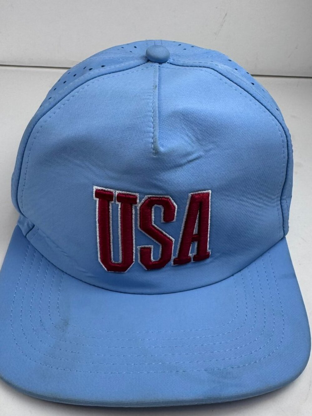 Crane USA Spellout Hat Cap Blue Snapback Perforated Running Golf Stain OSFM